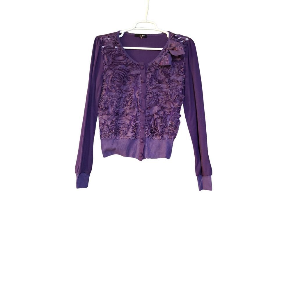 Ryu Knit Cardigan Sweater Purple flower Appliqué fine‎ knit shrug top Size M